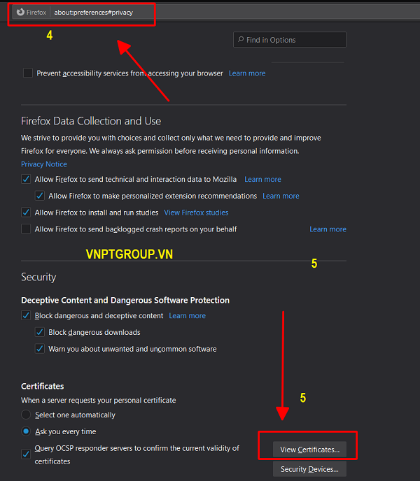 Sửa lỗi Chưa cài Plugin ký số - ký hóa đơn điện tử trên FireFOX 5 Gõ “about:preferences#privacy”
