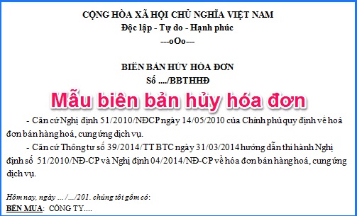 Biên bản hủy hóa đơn điện tử