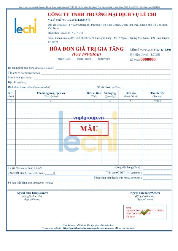 Mẫu Hóa Đơn Điện Tử VNPT Lê Chi