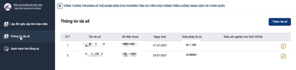 Chi tiết cách đăng ký Luồng Xanh Vận tải hàng hóa 2 Khai báo thông tin chi tiết về tài xế