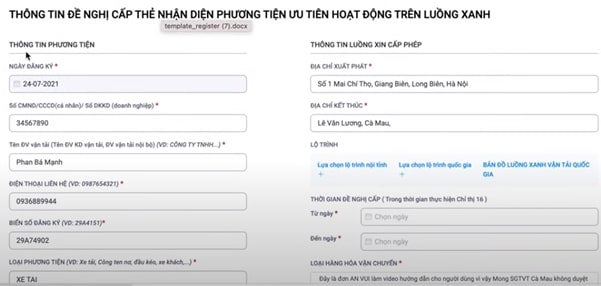 Chi tiết cách đăng ký Luồng Xanh Vận tải hàng hóa 5 khi báo thông tin của phương tiện và luồng cấp phép