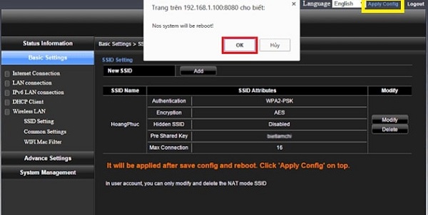 Cách đổi mật khẩu wifi viettel bằng điện thoại, máy tính 8 Nhấn lưu thông tin modem wifi