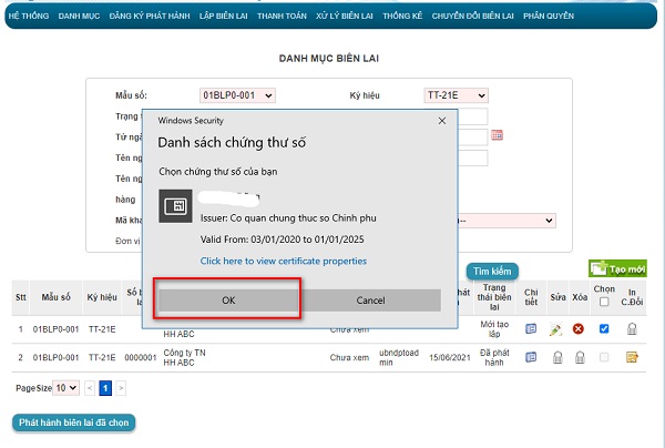 Hướng dẫn phát hành Biên lai điện tử VNPT sử dụng Chữ ký số 6 chọn chứng thư số