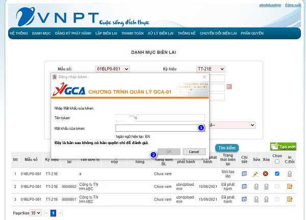 Hướng dẫn phát hành Biên lai điện tử VNPT sử dụng Chữ ký số 7 Nhập mật khẩu của usb token