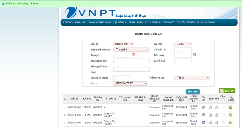 Hướng dẫn phát hành Biên lai điện tử VNPT sử dụng Chữ ký số 8 xuất biên lai điện tử thành công