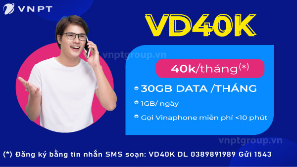 Đăng Ký Gói VD40K Vinaphone 30Gb/ tháng 1 gói VD40K Vinaphone