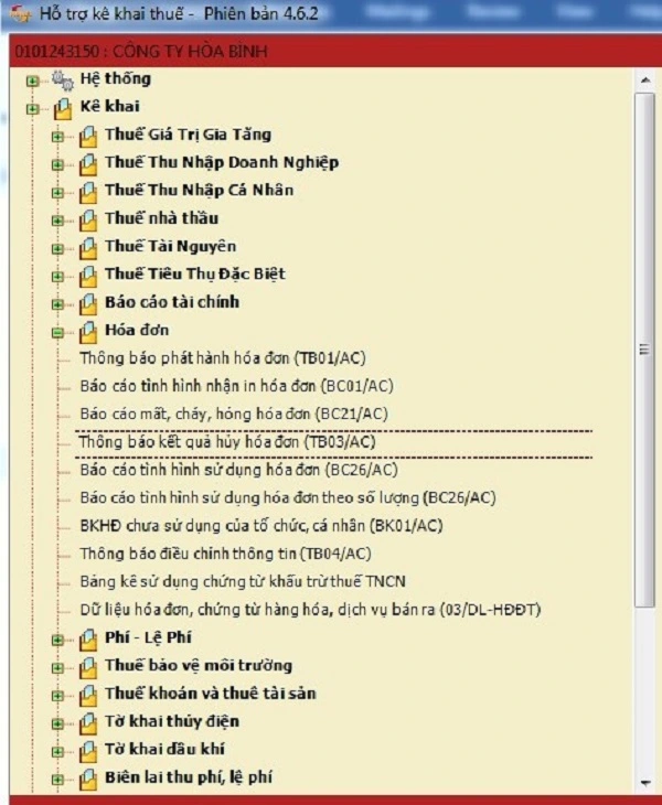 Hướng dẫn Hủy hóa đơn điện tử VNPT Thông tư cũ 2 Hình 4- chọn thông báo hủy hóa đơn