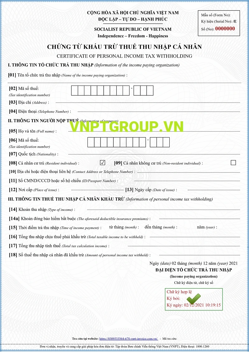 mẫu chứng từ thuế TNCN điện tử của VNPT